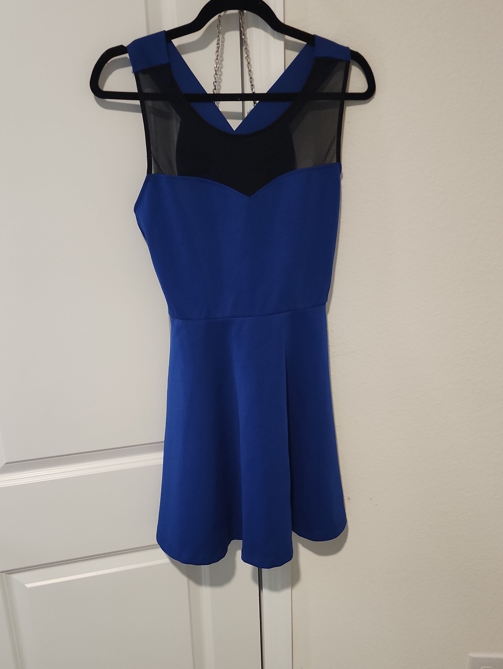 Sleeveless Royal Blue Mini Dress with Sheer Black Yoke
